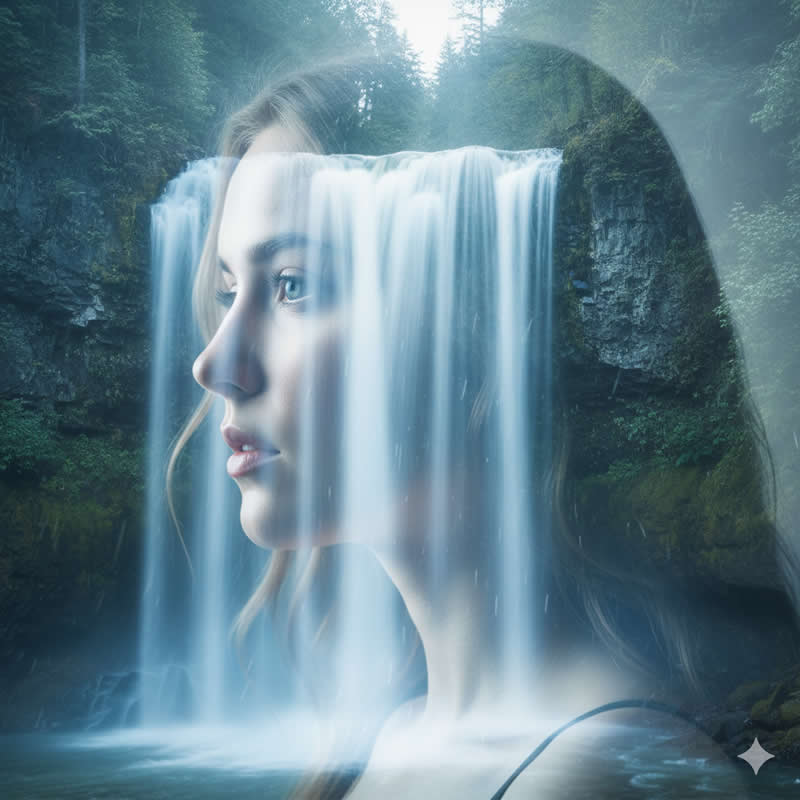 Double Exposure & Waterfall - Google Gemini AI Prompts to Create Portraits with Nature