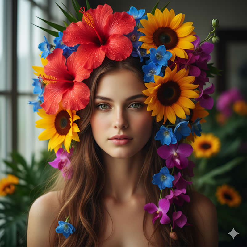Vibrant Flowers & Woman - Google Gemini AI Prompts to Create Portraits with Nature