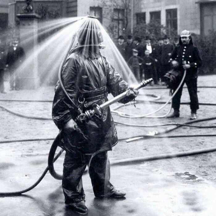 German Fireman Test A New Helmet Invention Ca. 1900 - Rare and Weird History Photos