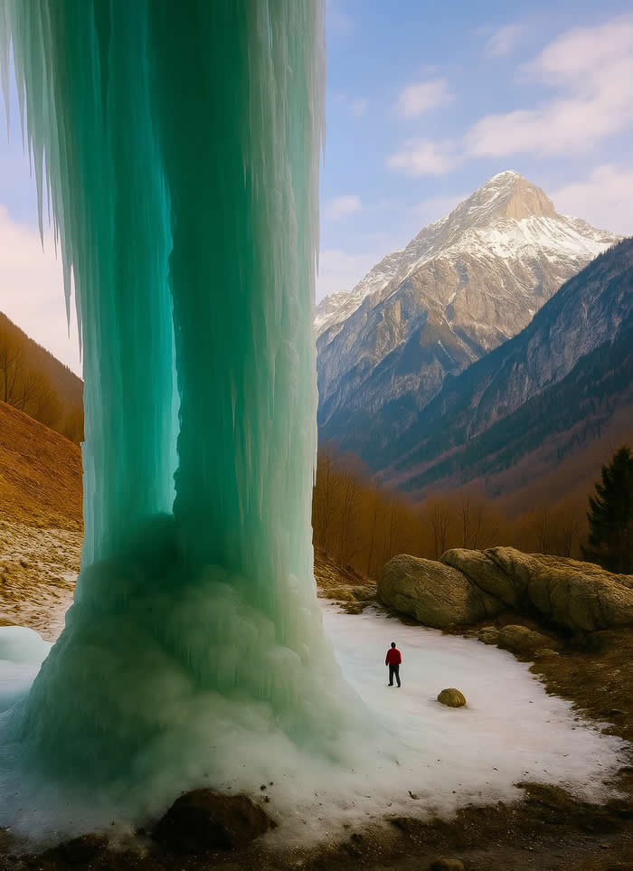A magnificent frozen waterfall in the Alps, South Tyrol, Italy - True Beauty of Our Planet Inspiring Photos