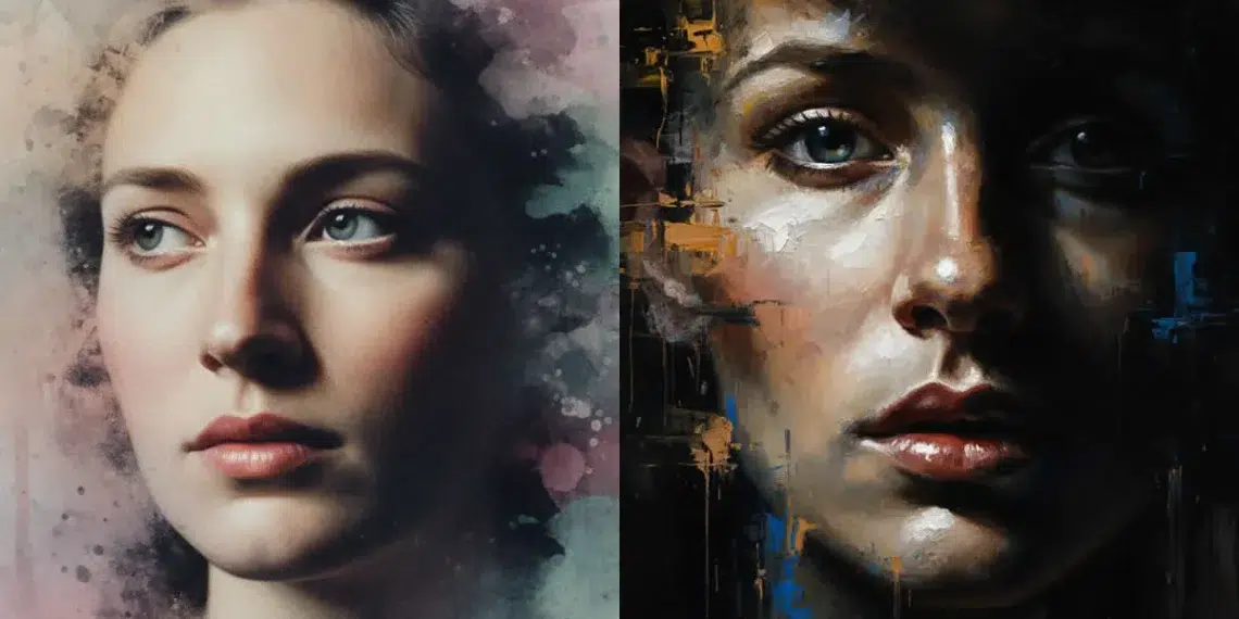 Abstract AI portrait of a woman with artistic textures and lighting