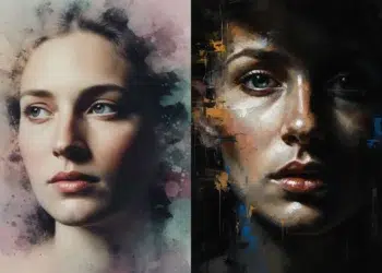 Abstract AI portrait of a woman with artistic textures and lighting