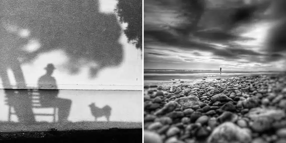 Shadow of seated figure; lone person on stormy rocky beach