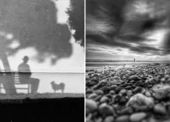 Shadow of seated figure; lone person on stormy rocky beach
