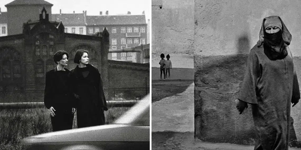 Two b&w street scenes: women near a car, and a robed figure by a wall