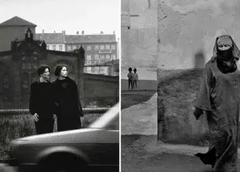 Two b&w street scenes: women near a car, and a robed figure by a wall
