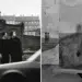 Two b&w street scenes: women near a car, and a robed figure by a wall