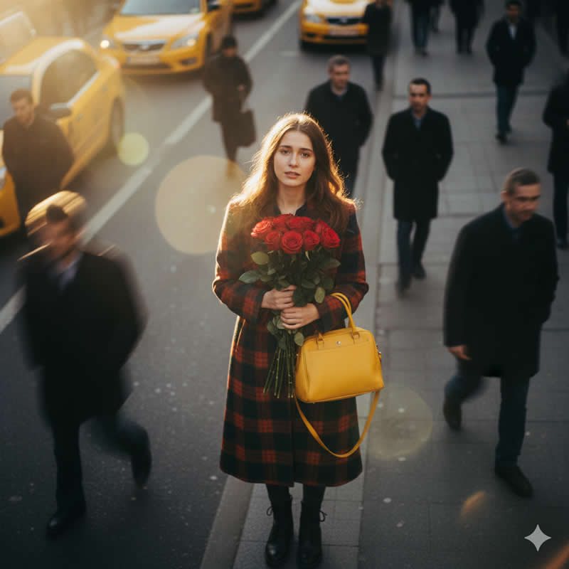 A Young Woman Stands on a Busy City Street - Google Gemini AI Prompts to Create Cinematic Portraits