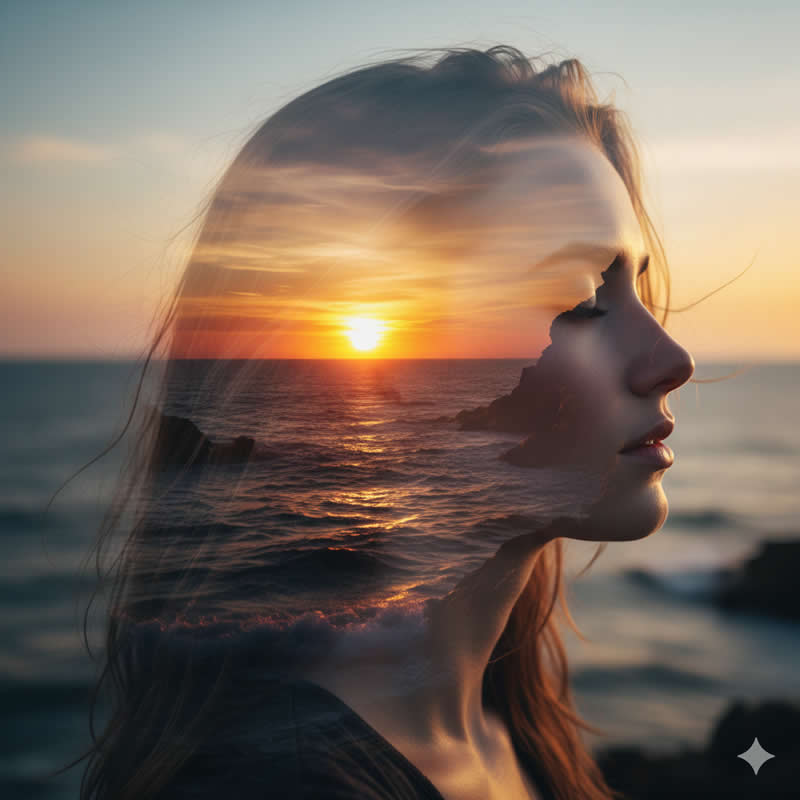 A Cinematic Double-Exposure Portrait of a Young Woman - Google Gemini AI Prompts to Create Cinematic Portraits