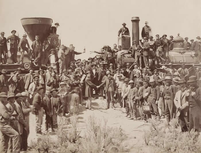 East And West Shaking Hands At The Laying Of Last Rail Union Pacific Railroad, 1869 - Rare 19th-Century History Photos