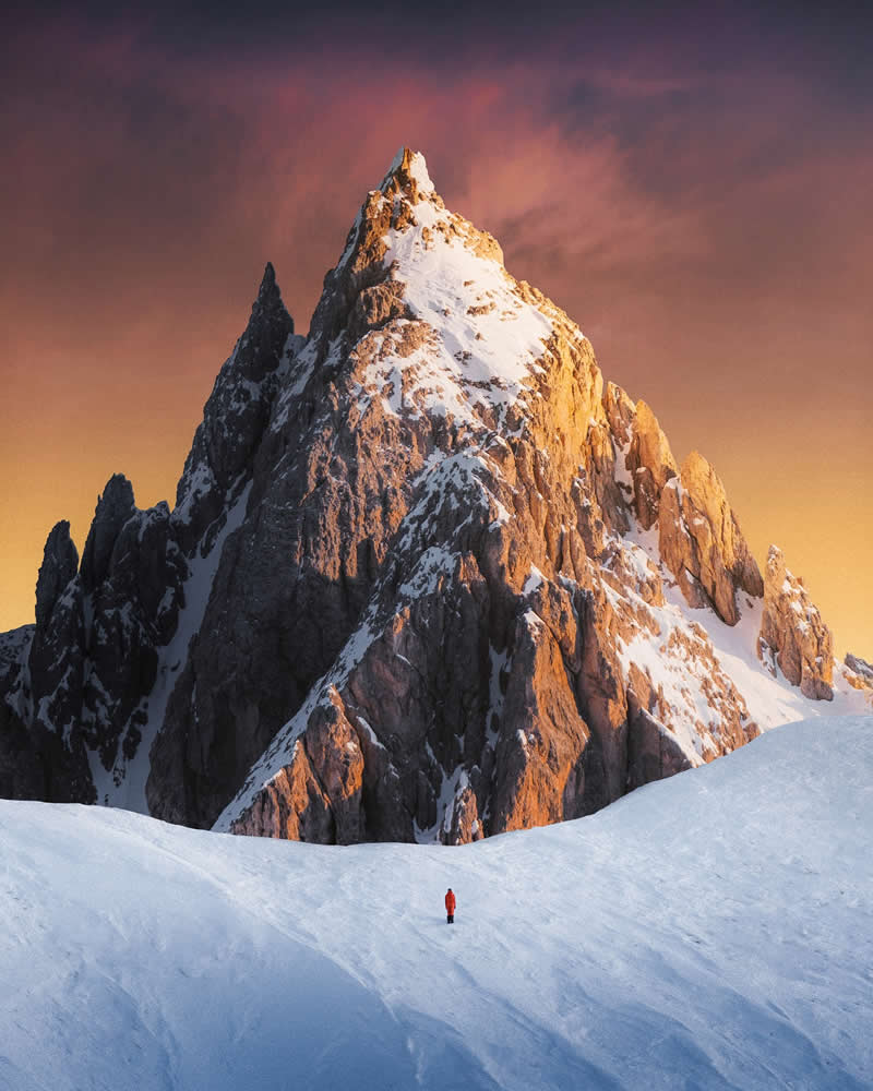 Skies ablaze over the Cadini massif. Cimon di Croda Liscia (2569m) - Outdoor Adventure Landscape Photography by Chris