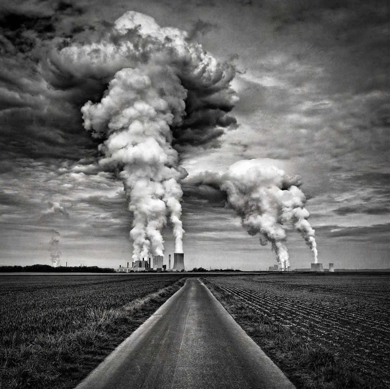 View over fields to the lignite power plant - Soulful Black and White Photos