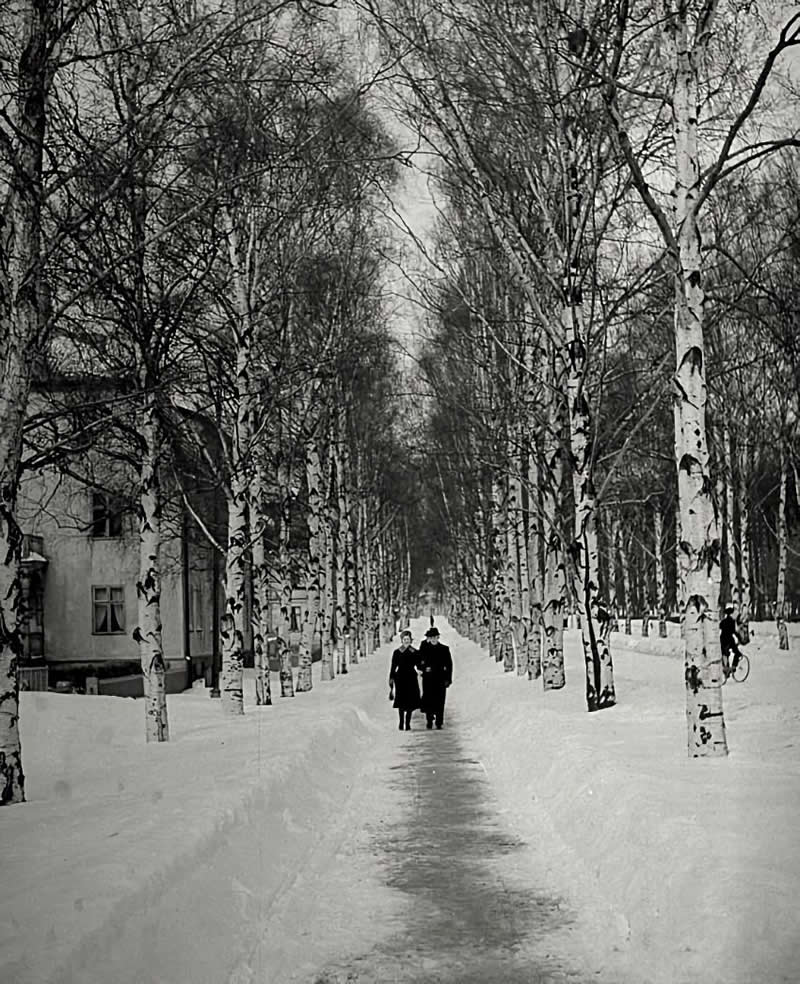 Couple walking through a snow-covered road, Sweden, 1940's - Soulful Black and White Photos