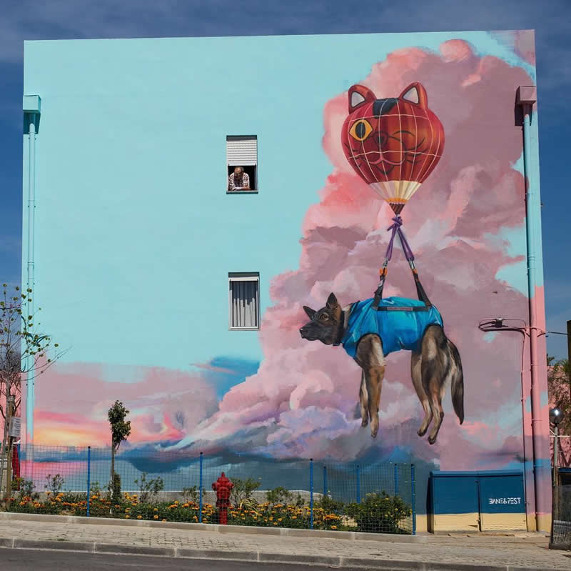 Dog get rescued by a catballoon - Street Artworks by Fabian Bane Florin