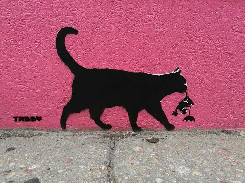 Cat vs Banksy Umbrella Rat - Street Artworks by Tabby