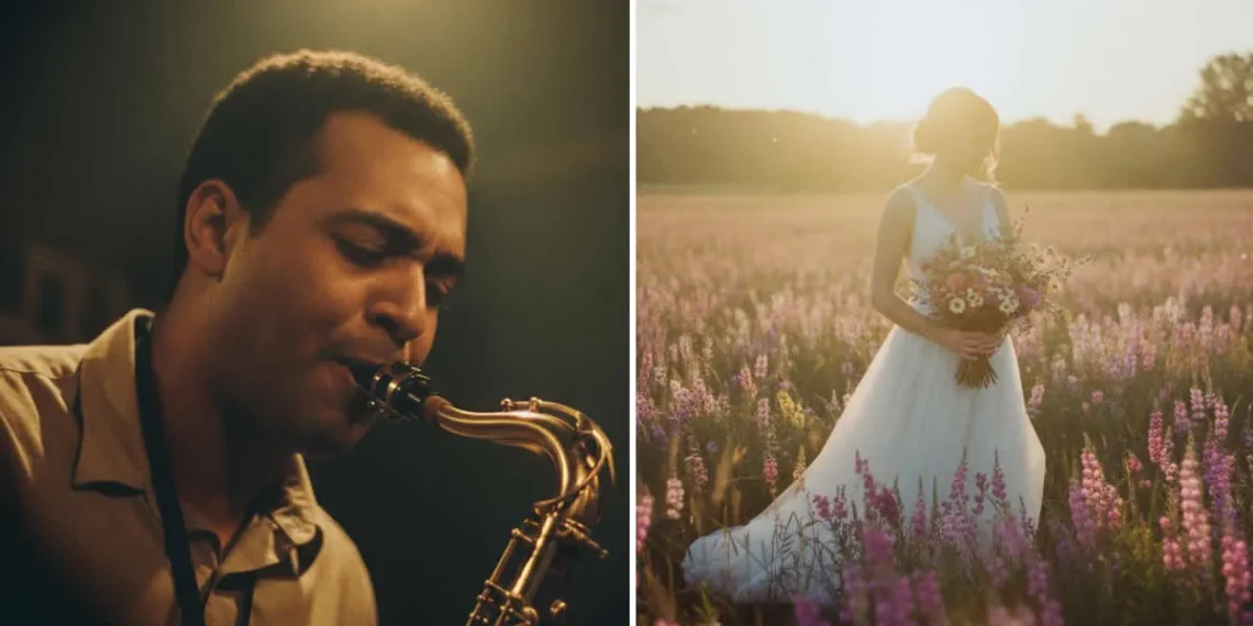 26 Google Gemini AI Prompts for Photographers: Achieving the 'Film Look' in 2026 27 A man playing saxophone under warm light, and a bride holding flowers in a sunlit field