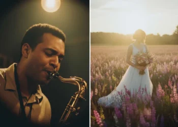 A man playing saxophone under warm light, and a bride holding flowers in a sunlit field
