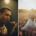 A man playing saxophone under warm light, and a bride holding flowers in a sunlit field