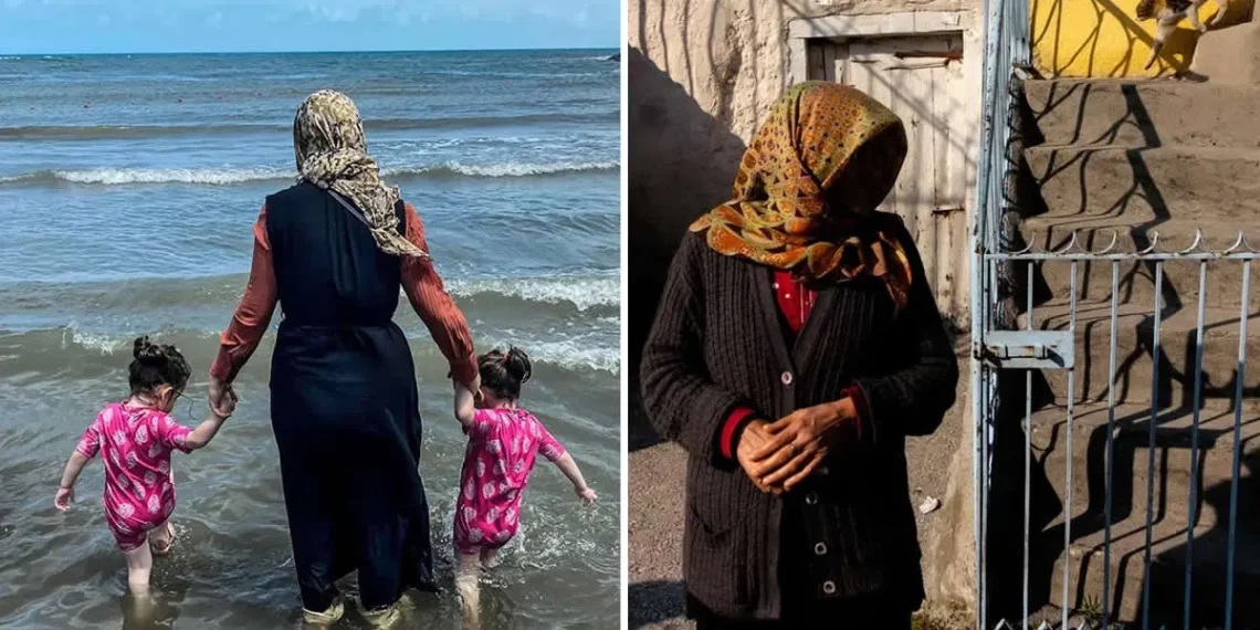 A woman wading with two children (left); an elderly woman by a doorway with a cat above (right)