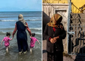 A woman wading with two children (left); an elderly woman by a doorway with a cat above (right)