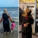 A woman wading with two children (left); an elderly woman by a doorway with a cat above (right)