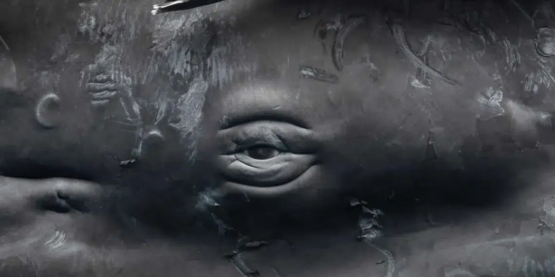 Underwater close-up of a whale's eye