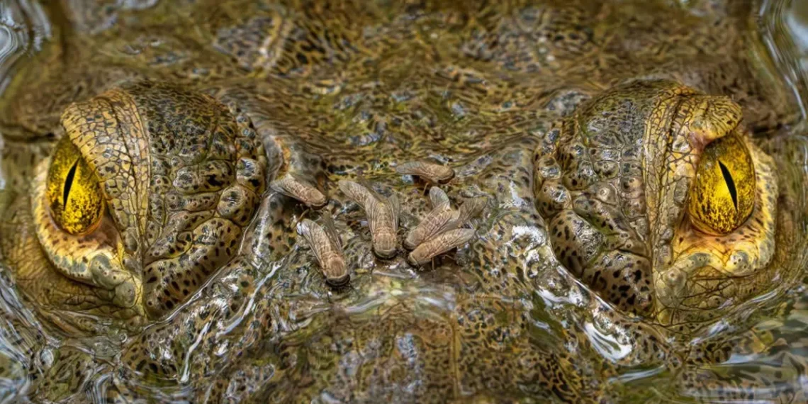 Close up of crocodile eyes in water