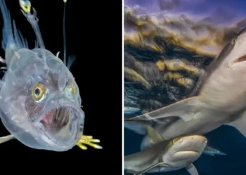Deep sea anglerfish and reef sharks underwater