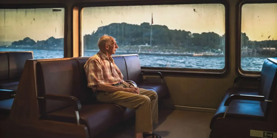 30 Evocative Photographs by Andrei Furnea Exploring Humanity, Time, and Transition 32 Elderly man sitting alone on a ferry bench, gazing out the window at water and distant shoreline