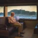 Elderly man sitting alone on a ferry bench, gazing out the window at water and distant shoreline
