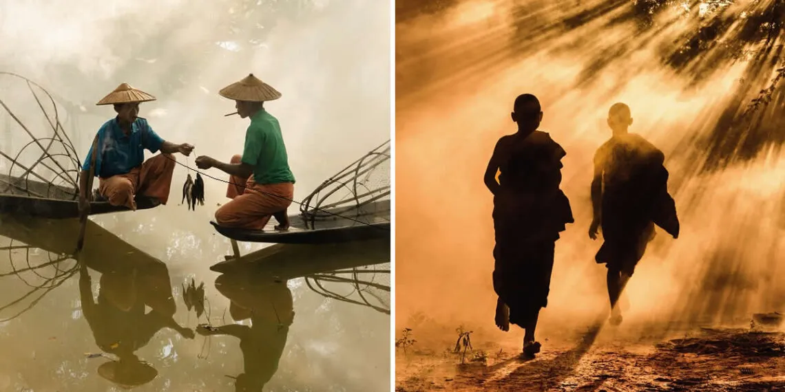 30 Inspiring Photos by Erdem Kilic That Capture Travel, Culture, and Human Stories 31 Fishermen on a boat and two monks walking in golden light