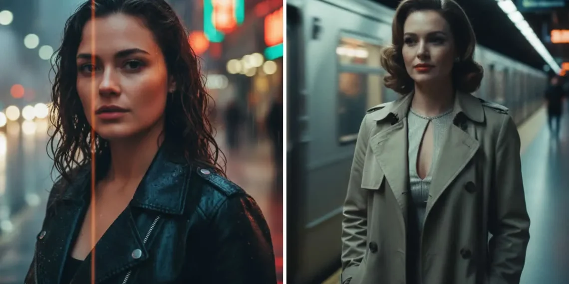 Glamorous female portraits in neon-lit city street and subway platform