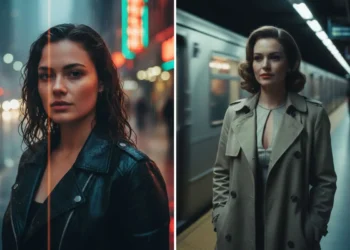 Glamorous female portraits in neon-lit city street and subway platform
