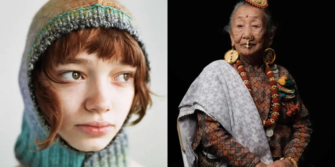 Portraits of a young woman in knit hood and an elderly woman in traditional attire