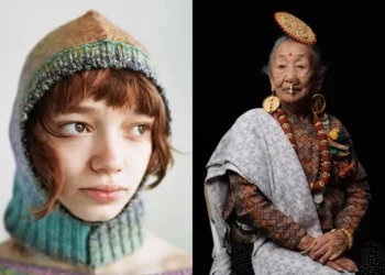 Portraits of a young woman in knit hood and an elderly woman in traditional attire