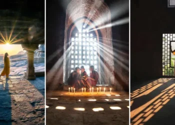 Sunlit heritage architecture with dramatic shadows