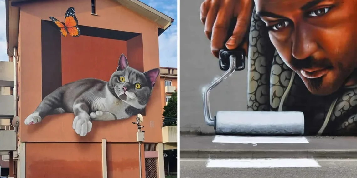 Two 3D street murals: a giant cat and butterfly on a building facade, and a man painting a crosswalk