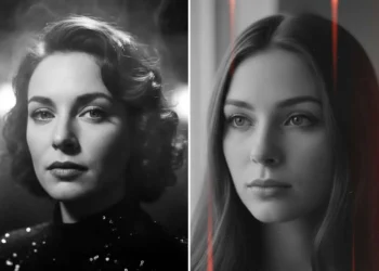 Two black and white AI-generated female portraits: a vintage Hollywood-style glamour shot and a modern minimalist close-up