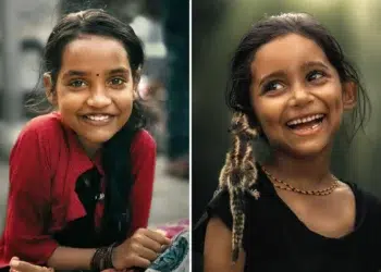 Two portraits of smiling Indian girls, one in red, one laughing with a squirrel on her shoulder