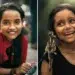 Two portraits of smiling Indian girls, one in red, one laughing with a squirrel on her shoulder