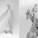 Veiled figure in motion; two giraffes portrait