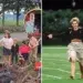 Vintage family scene and woman running