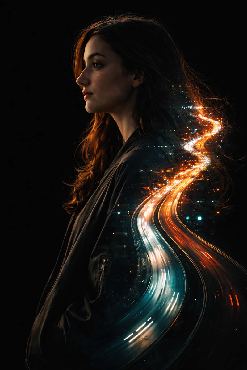 Double-Exposure Portrait of a Female - Cinematic Google Gemini AI Prompts for Stunning Female Model Portraits