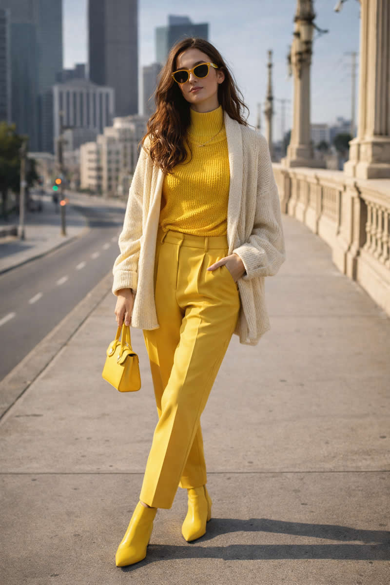 Portrait of a Female Yellow Outfit—Textured Turtleneck - Cinematic Google Gemini AI Prompts for Stunning Female Model Portraits