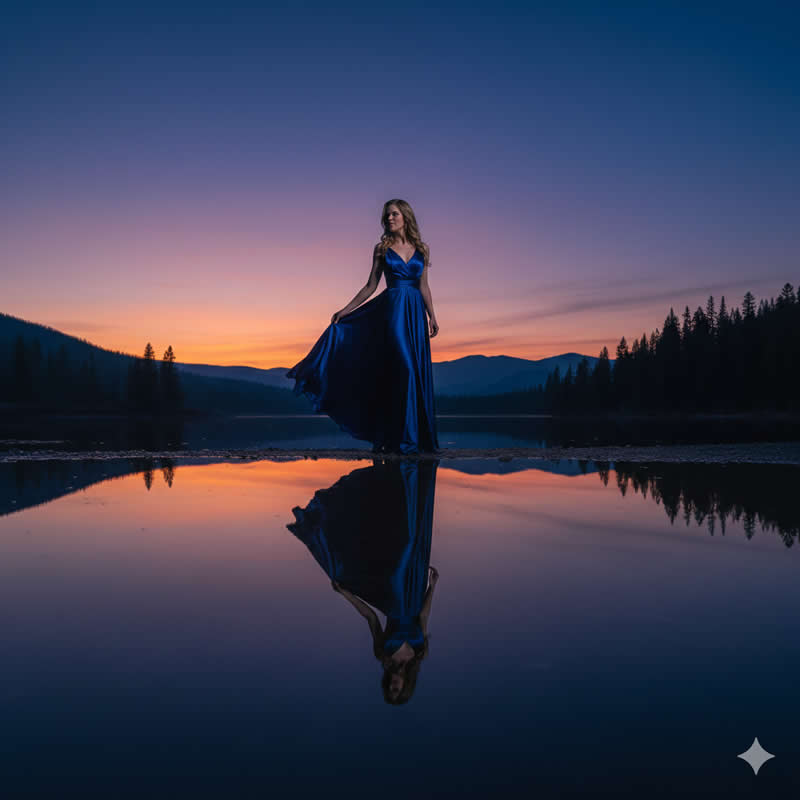 Lakeside Reflection - Google Gemini AI Prompts to Create Glamorous Female Model Portraits
