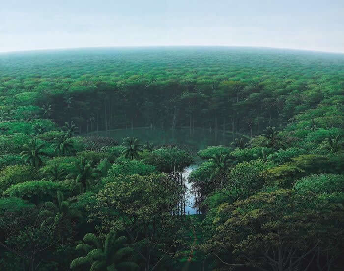 Llegada del caminante a la laguna - 1999, acrylic on linen - Landscape Paintings by Tomas Sanchez