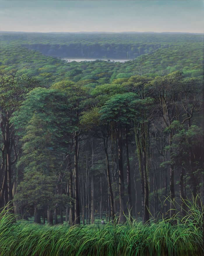 Meditador y laguna escondida en el bosque - 1995, oil on linen - Landscape Paintings by Tomas Sanchez