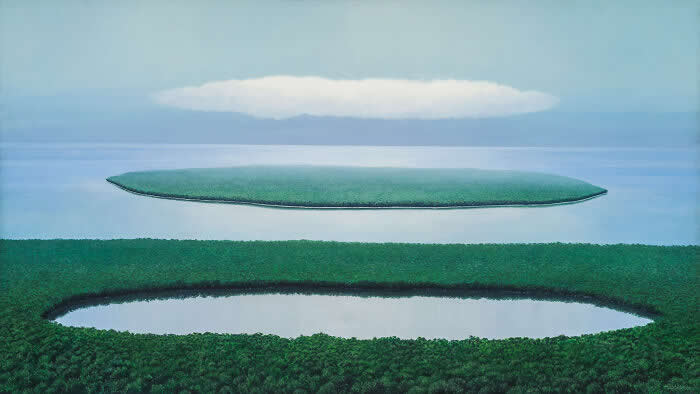 Relación entre la laguna, la isla y la nube - 1986, acrylic on linen - Landscape Paintings by Tomas Sanchez