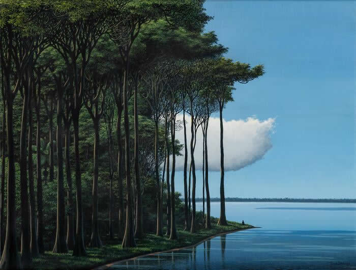 Meditador, laguna, nube - 2018, acrylic on linen - Landscape Paintings by Tomas Sanchez