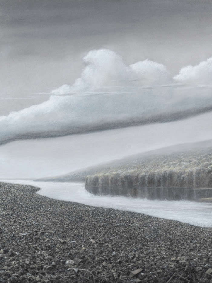 Río, nube y dos orillas - 2025, conte pencil on paper - Landscape Paintings by Tomas Sanchez